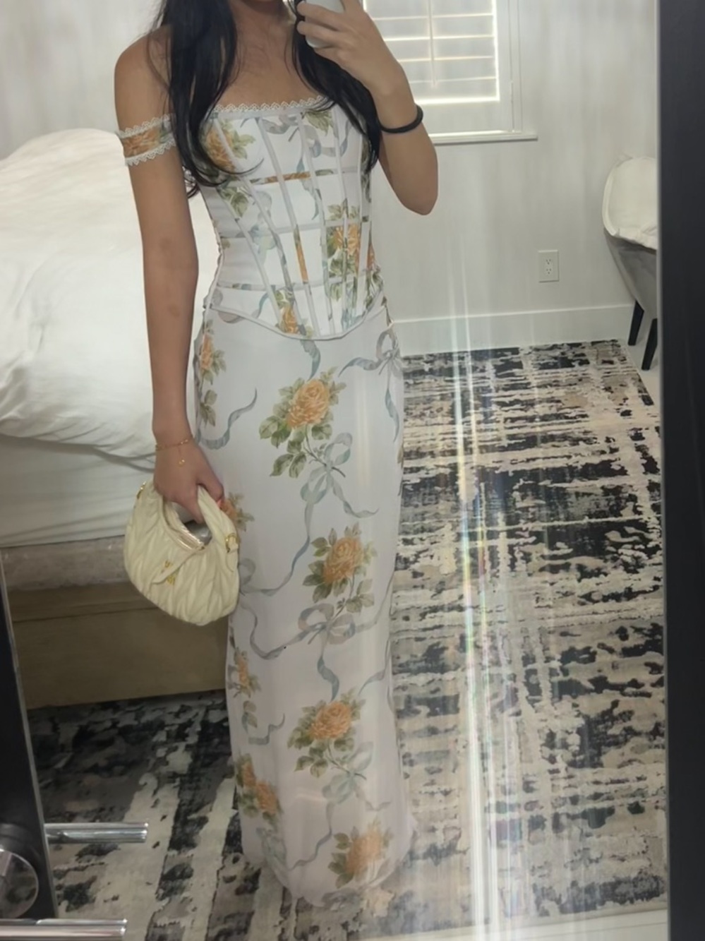 House of CB White Floral Off-Shoulder Corset Maxi Dress with Yellow Roses